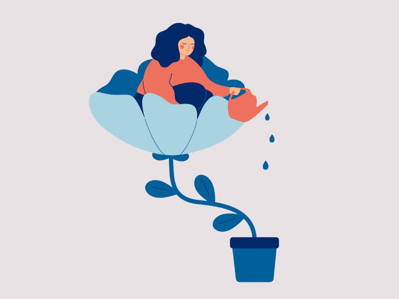 Illustration of a woman sitting in a flower while pouring water over it