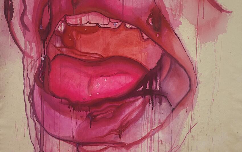 Close up of an art piece from the Kin(k) exhibition. The painting is of an open mouth with pink lips.