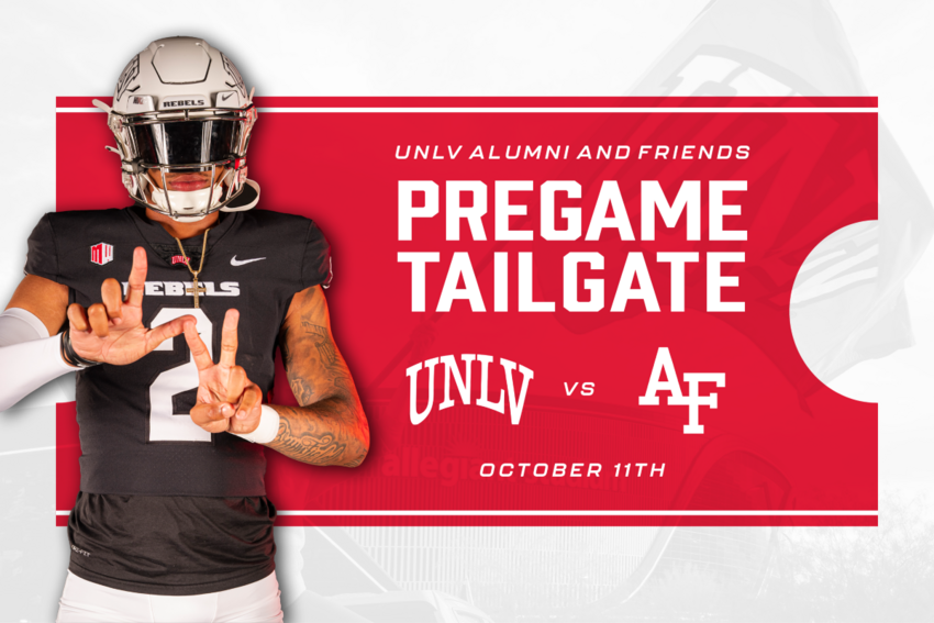 UNLV Alumni and Friends Pregame Tail Gate. UNLV football player making an "L-V" with his fingers.