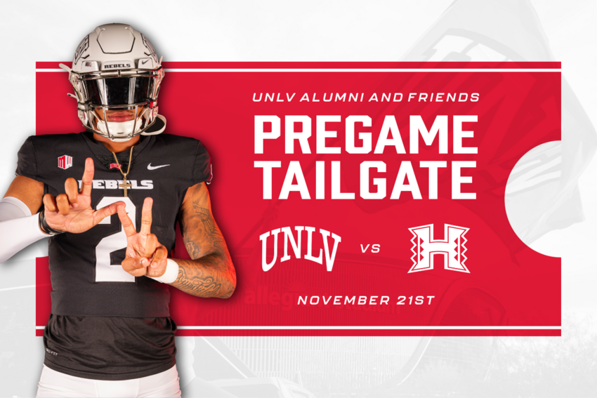 UNLV Alumni and Friends Pregame Tail Gate. UNLV football player making an "L-V" with his fingers.