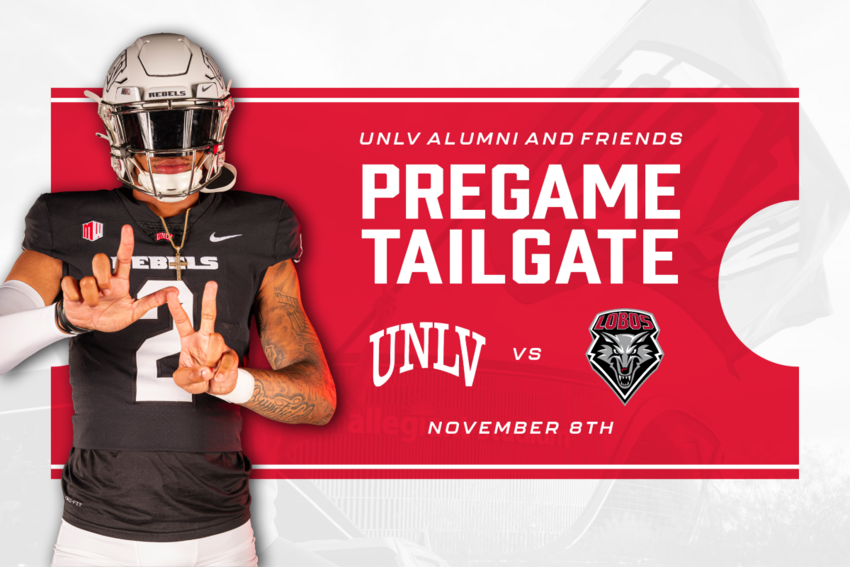 UNLV Alumni and Friends Pregame Tail Gate. UNLV football player making an "L-V" with his fingers.