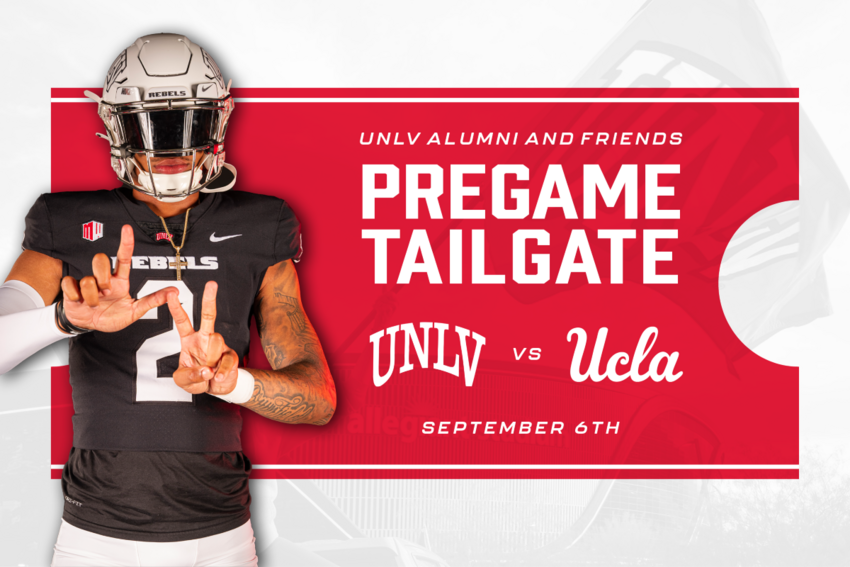 UNLV Alumni and Friends Pregame Tail Gate. UNLV football player making an "L-V" with his fingers.