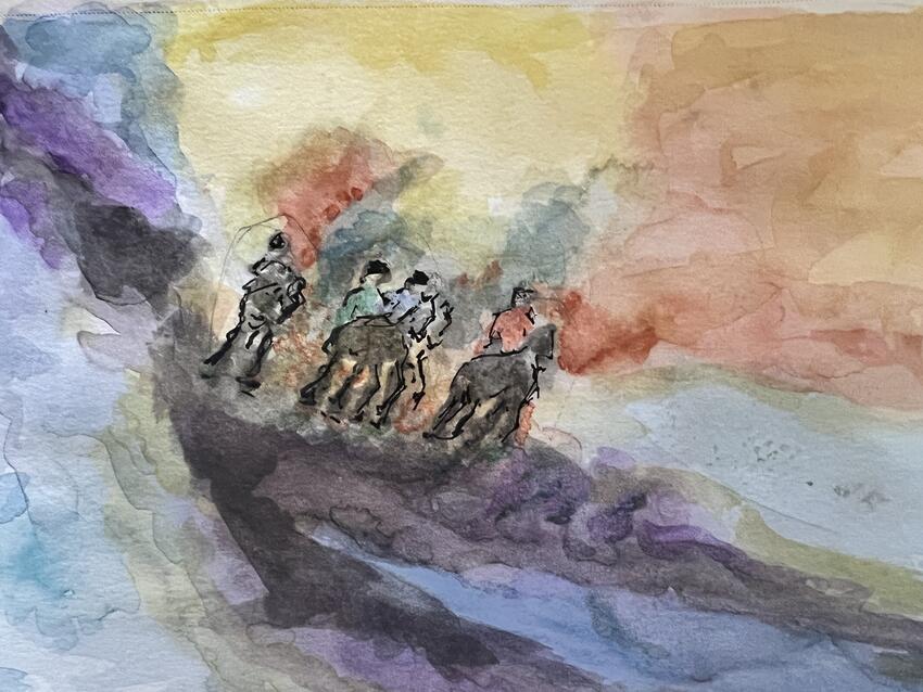 Watercolor image of four men riding on horses.