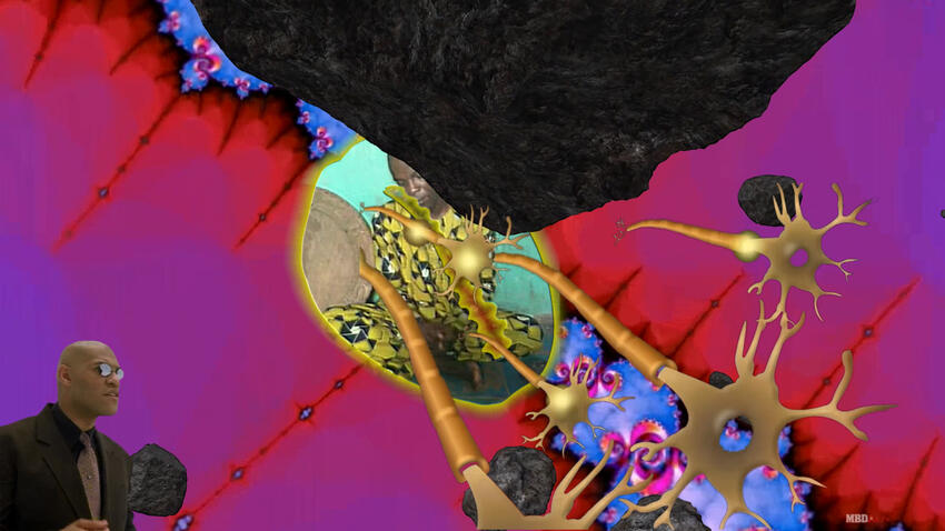 This is a brash, vivid digital collage of pictures superimposed over one another against a glowing magenta background. The character Morpheus from the Matrix movies stares intently from the bottom left corner. A black rock descends, partly covering an oval image of a Black man in a yellow and black patterned suit sitting cross-legged. Golden shapes that look like a digitally-generated 3D image of neurotransmitters spurt out of the oval over a row of Fibonacci spirals rendered in pink and purple.