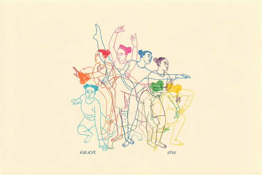 A dancer in many different colors and positions is featured in this promotional drawing.