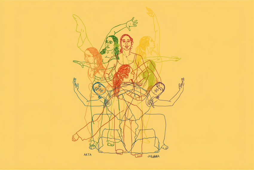 A dancer in many different colors and positions is featured in this promotional drawing.