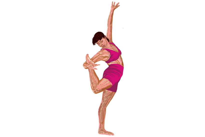 A dancer wearing a pink outfit stretches their hamstring in this promotional drawing.
