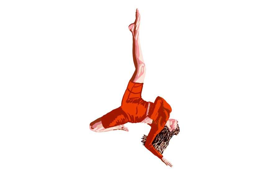A dancer wearing a red outfit is on the floor with leg stretched skyward in this promotional drawing.