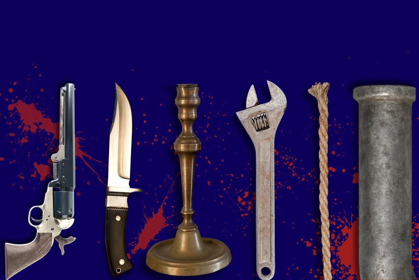 The weapons from the game, "Clue" --  a revolver, a knife, a candlestick, a wrench, rope, and a lead pipe -- are on a blue background smattered with blood in this promotional image.