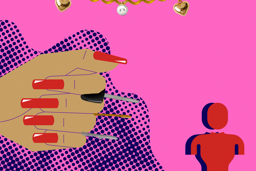 A hand with painted nails holding keys in between fingers, a figure of a woman, and a charm necklace are featured in this promotional image.