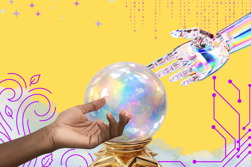A robot hand and a human hand reach toward a crystal ball in this promotional image.