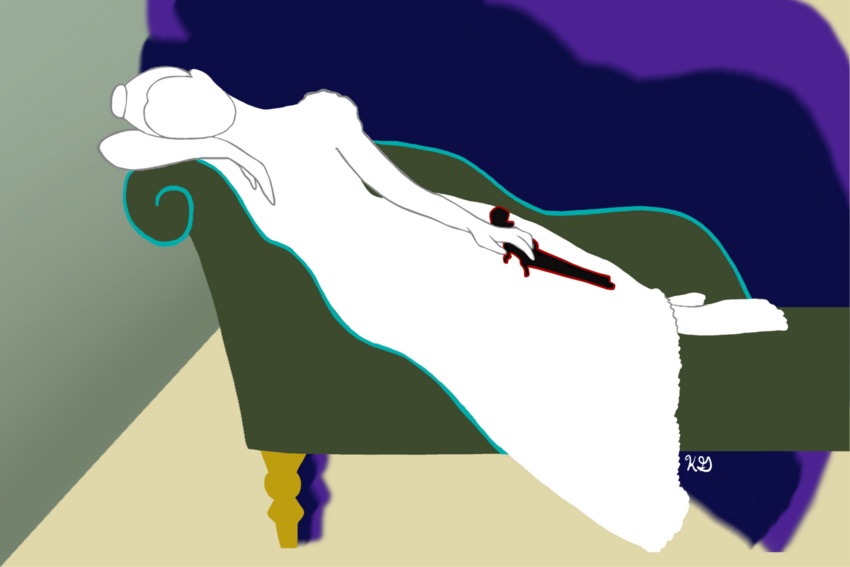 A woman reclines on a settee in this promotional drawing, referencing Hedda Gabbler.