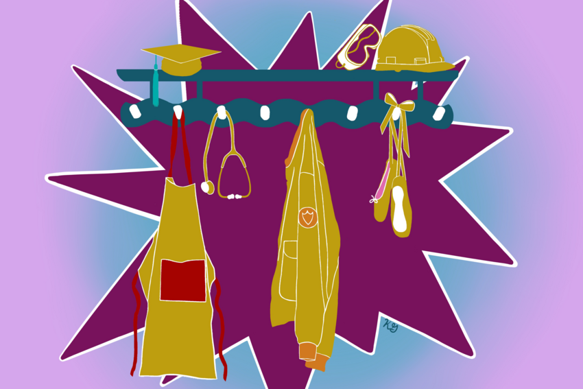 Work accoutrements from workers in various fields are displayed hanging on a rack bin this promotional drawing.
