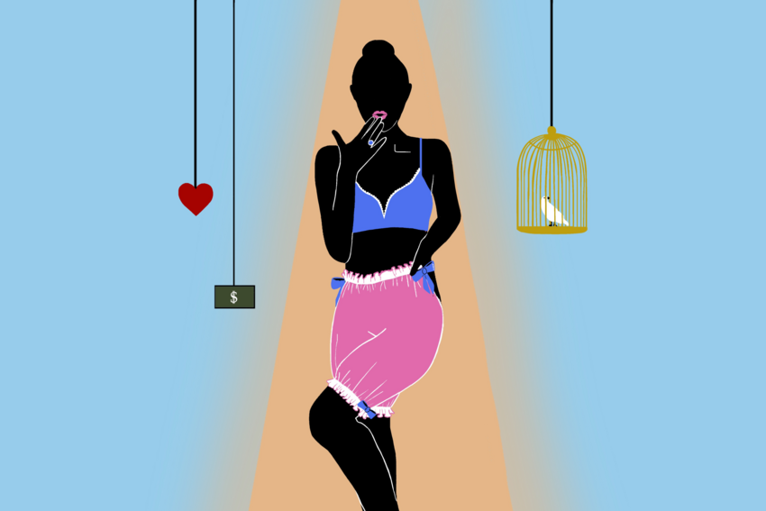 A woman in shadow is dressed in underclothes in this promotional drawing. Hanging around her are a heart, a dollar bill, and a bird.