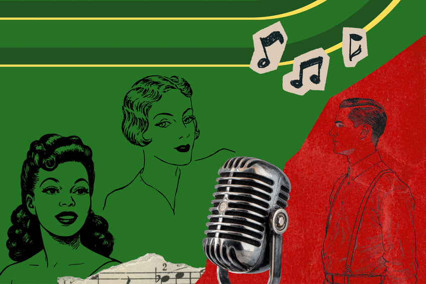 In this promo image, a man stands looking towards his left at two women. A radio microphone is between the three. Musical notes are superimposed over the image at the top.