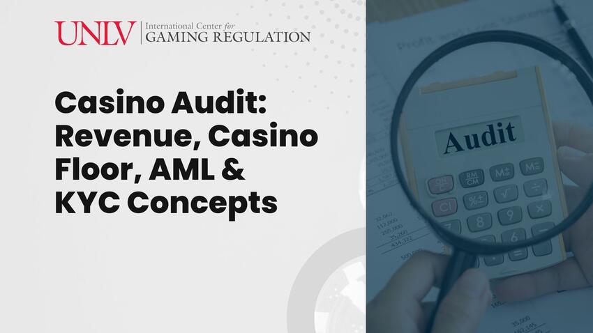 Casino Audit: Revenue, Casino Floor, AML &amp; KYC Concepts. A magnifying glass looms over a calculator displaying the word &quot;audit.&quot;