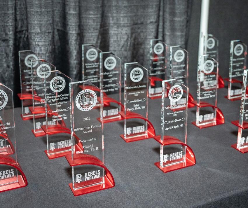 A table with awards sitting on it