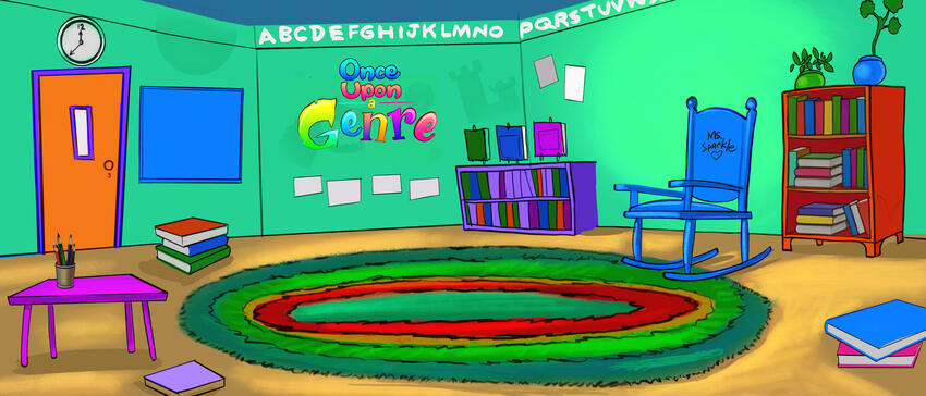 Illustration of a classroom's reading area with a rug and rocking chair