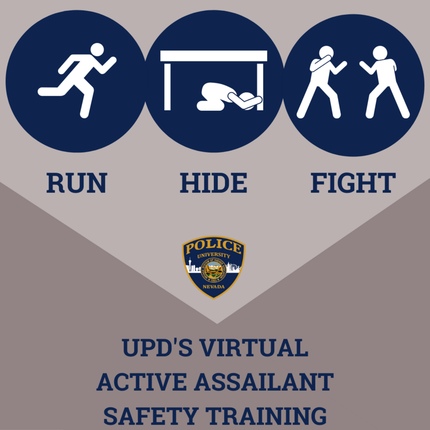 Images of figures with the text run, hide, fight and the seal of police services