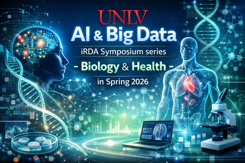 UNLV AI &amp; Big Data iRDA Symposium series - Biology &amp; Health - in Spring 2026. Abstract image of a brain