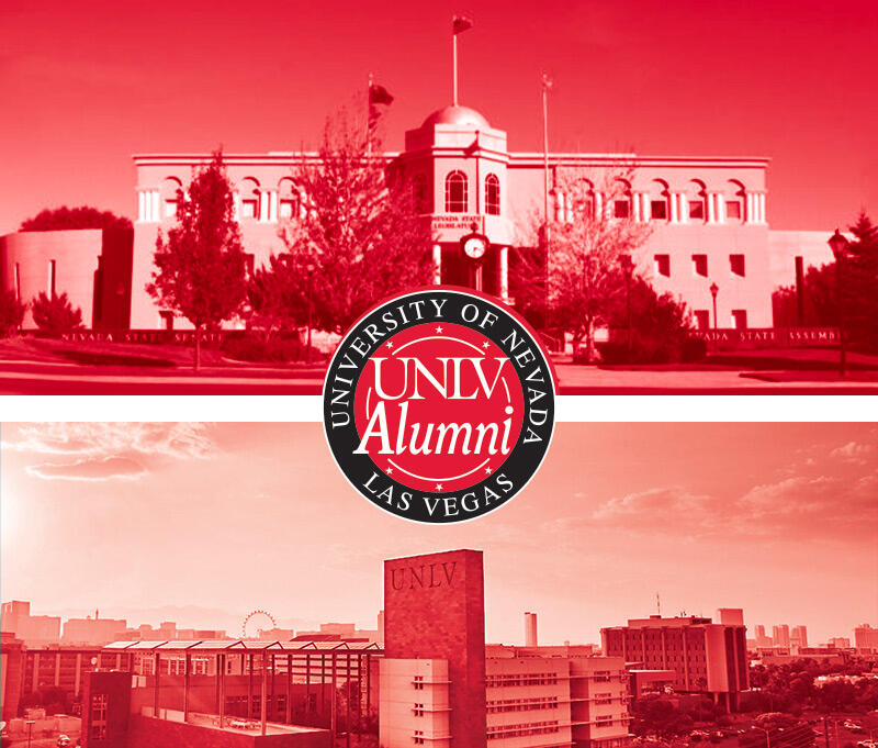 UNLV Alumni logo on a photo of the UNLV campus