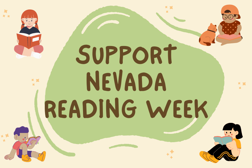 Support Nevada Reading Week. Four animated characters reading different books.