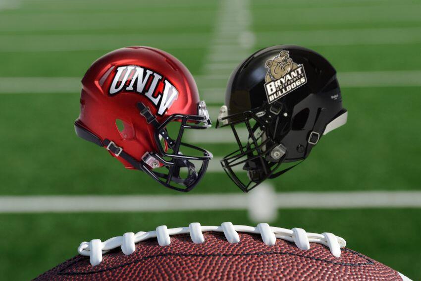 UNLV and Bryant helmets positioned against each other on a football field background.