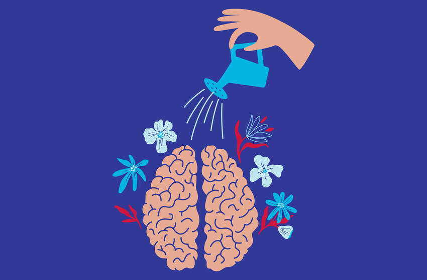 Illustration of a hand watering a brain with flowers blooming out of it