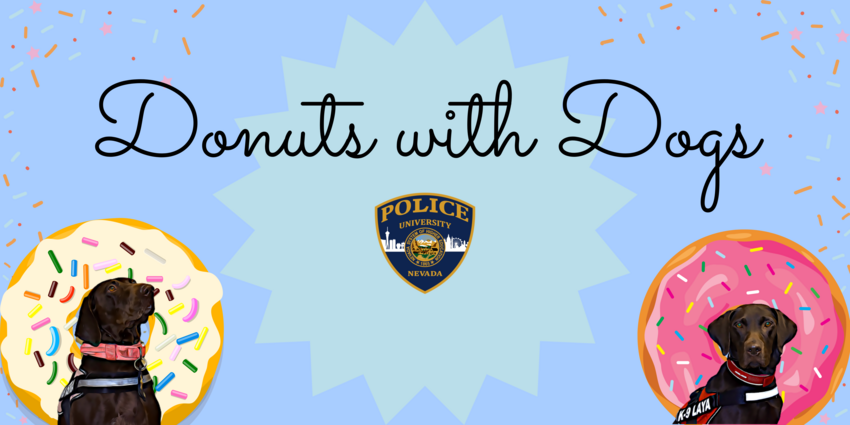 Donuts with dogs. Two K-9 dogs placed in front of a blue background with two spinkled donuts.