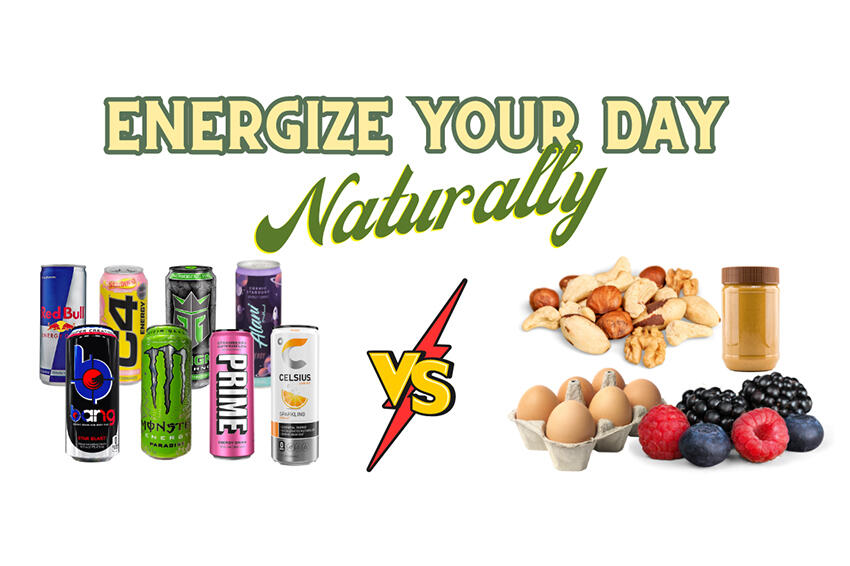 Energize your day naturally. A group of energy drinks on the left versus healthier energy sources (eggs, nuts, fruit, almond butter) on the right.