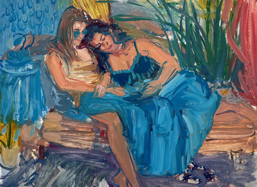 A painting of two women leaning against one another for emotional support as they sit together in a chair in front of a curtain decorated with teardrops. The brushstrokes are quick and expressive, as if the artist has sketched the scene from life.