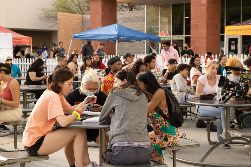 Students sitting in the courtyard