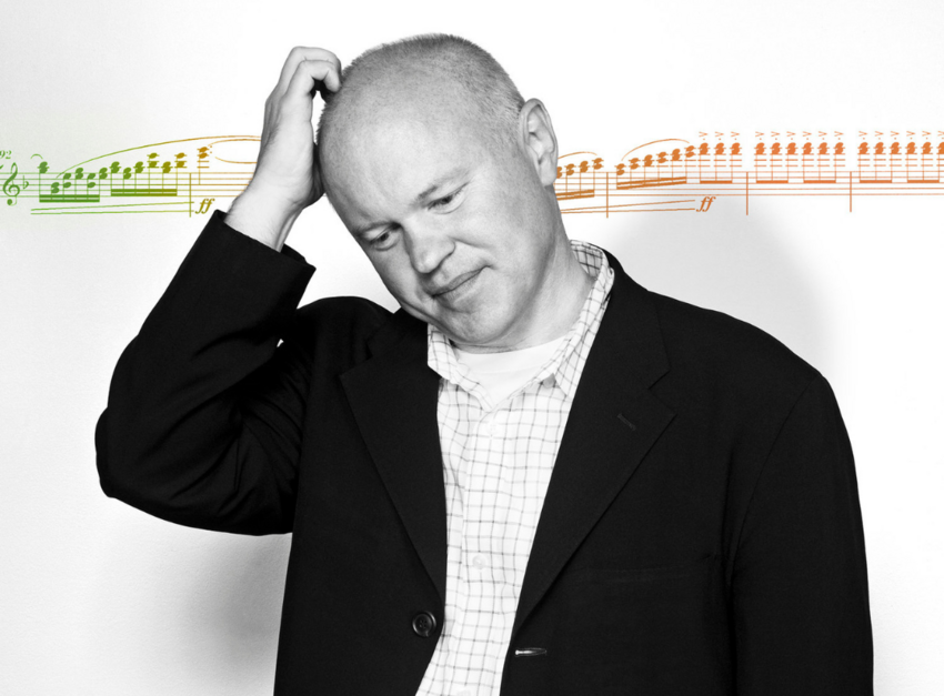 Black and white portrait of Michael Torke against a white background with green and orange musical notes.