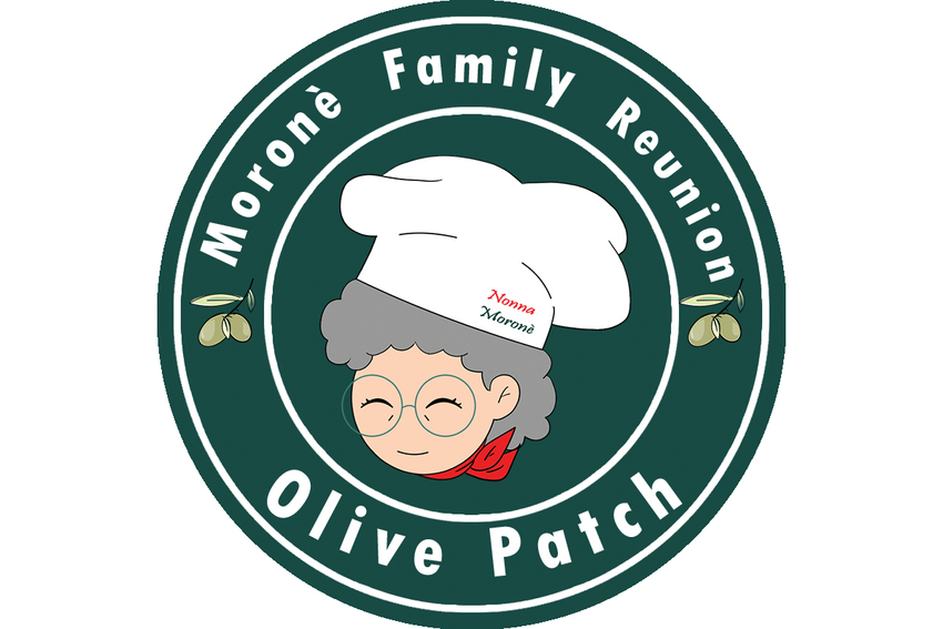 Logo for the "Moronè Family Reunion at the Olive Patch" event. Cartoon image of an elderly woman wearing a chef hat at the logo center.