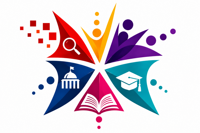 Icons depicting a magnifying glass, government building, book, cap and tassel, and a person.