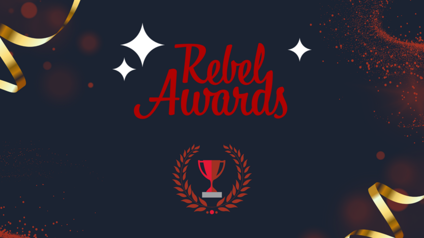 Rebel Student Awards. Red trophy with gold confetti.