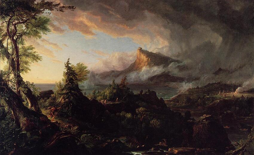 A painting from a Romantic period artist of a mountain and lake scene.