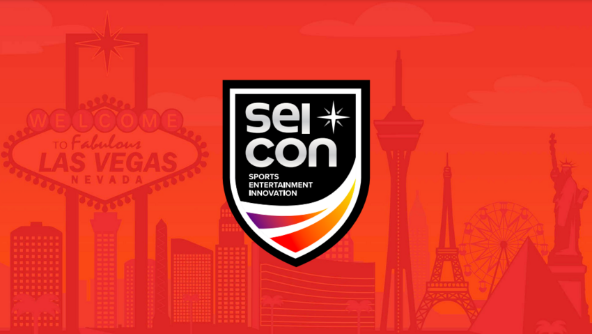 SEICon: Sports Entertainment Innovation icon overlaid on an orange illustration of the Las Vegas skyline.