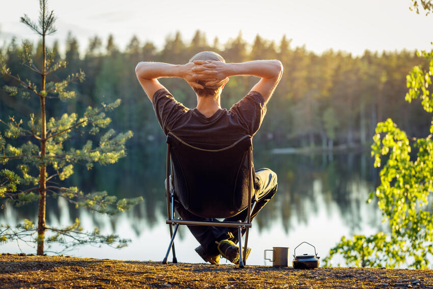 Man sitting by a lake