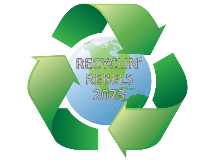 Recycling Rebels 2023 logo. Green recycling symbol with Earth in the center.