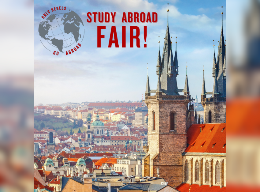 UNLV Study Abroad Fair. Aerial shot of the Church of Our Lady Before Týn in Prague.