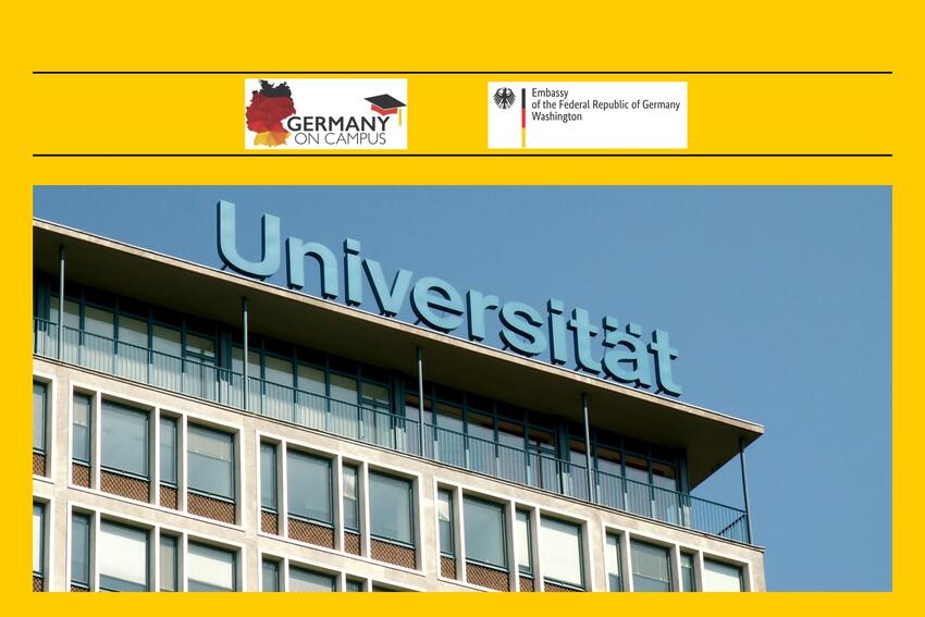 Close up of signage on a German campus building. Germany on Campus and Embassy of Federal Republic of Germany Washington logos.