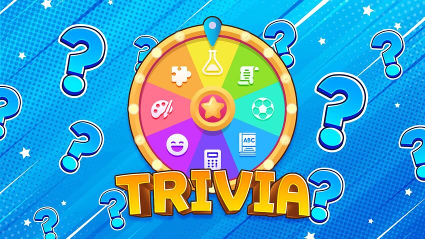 Trivia graphic with a spinning wheel for different topics.