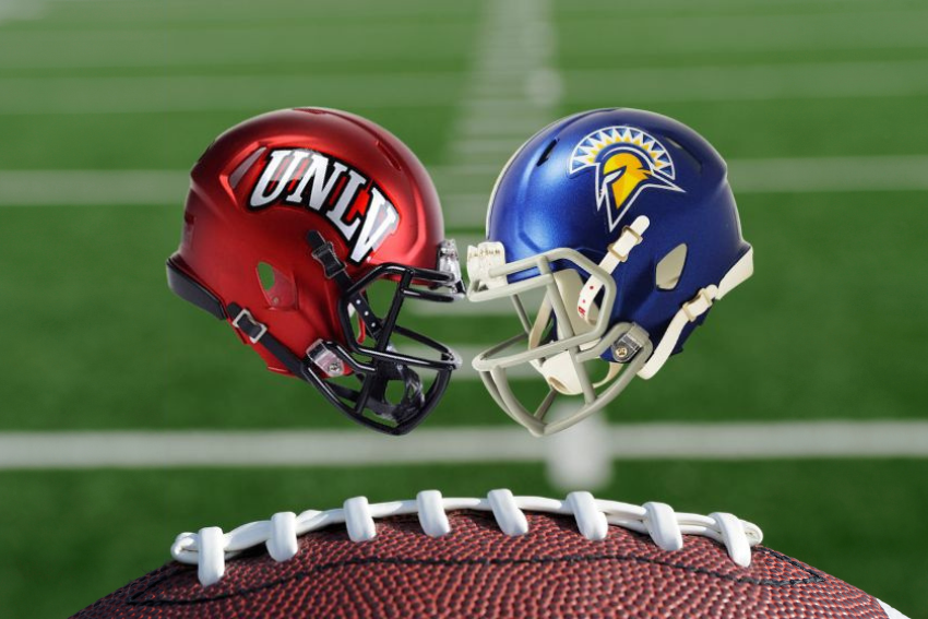 UNLV and San Jose State helmets positioned against each other on a football field background.