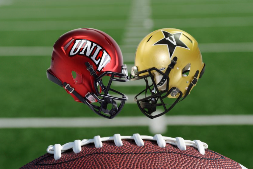 UNLV and Vanderbilt helmets positioned against each other on a football field background.