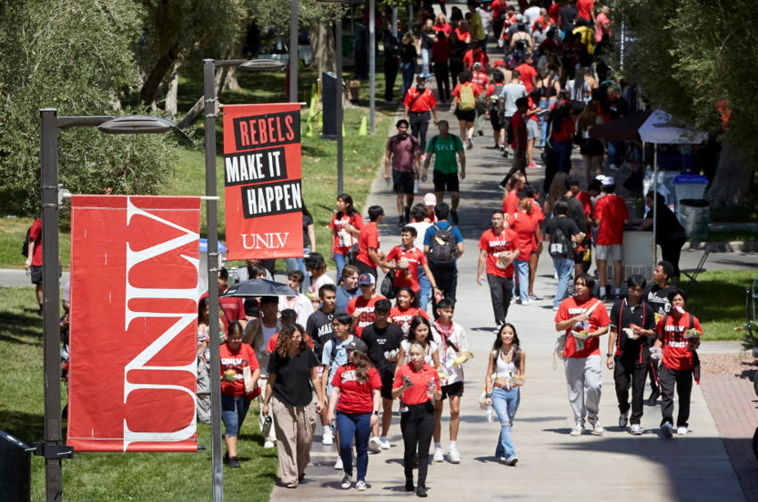 Groups of students walking down the UNLV academic mall