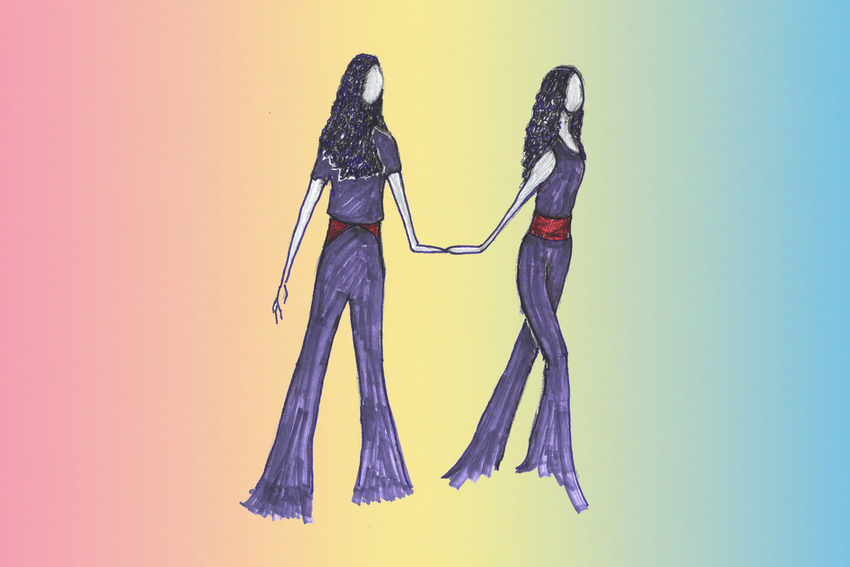 In this image of a drawing, two dancers hold hands. They have curly black hair and are dressed in purple jumpsuits.