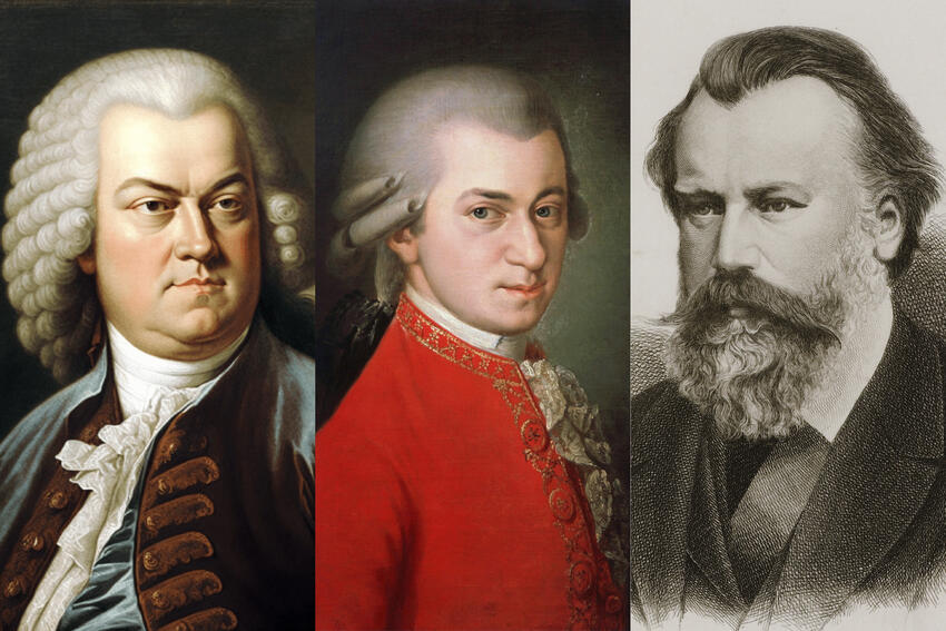 The image includes, from left to right, paintings of Johann Sebastian Bach and Wolfgang Amadeus Mozart and a drawing of Johannes Brahms.