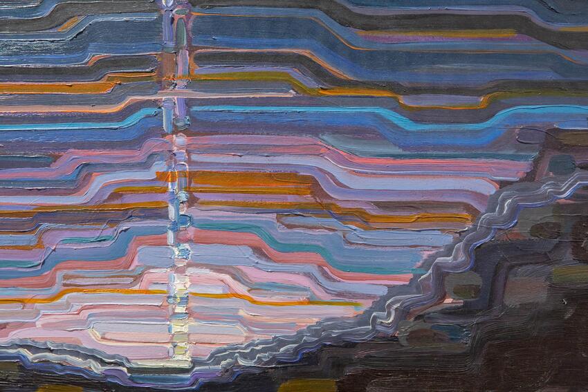 Painting of the sky. The sky and the top of a mountain range are depicted with clear horizontal stripes of blue, orange, purple, and brown. A line of short vertical marks cuts a narrow path through the middle of the “sky,” as if a beam of light is shining upwards from the earth.