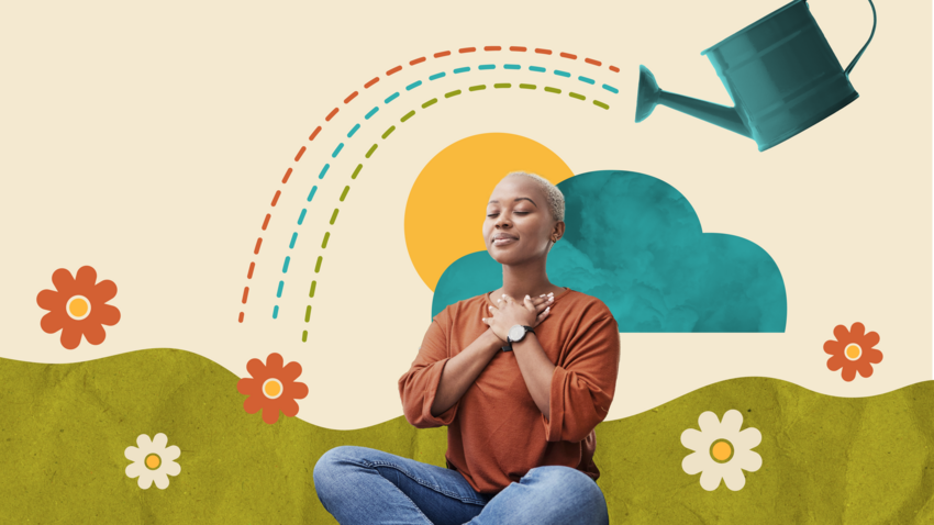 Mixed media image. A photo of a meditating woman overlaid on top of an illustration of a valley with flowers and rainbows.